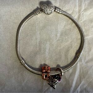 Disney Pandora Silver Charm Bracelet with Heart Mickey clasp! 2 charms included